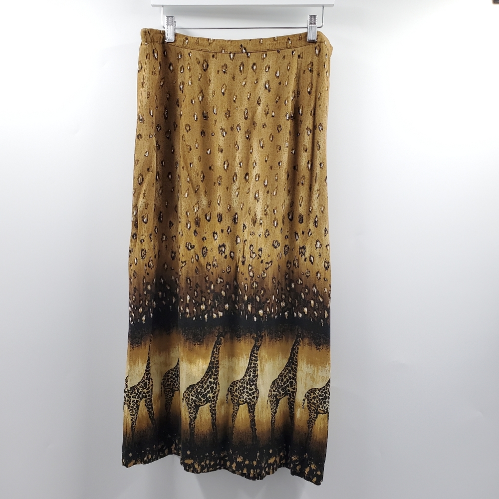Vintage Safari Animal Mixed Print Leopard Giraffe Maxi Skirt Boho Novelty